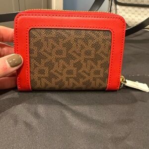 DKNY Zip Around Red Classic Logo Leather Wallet